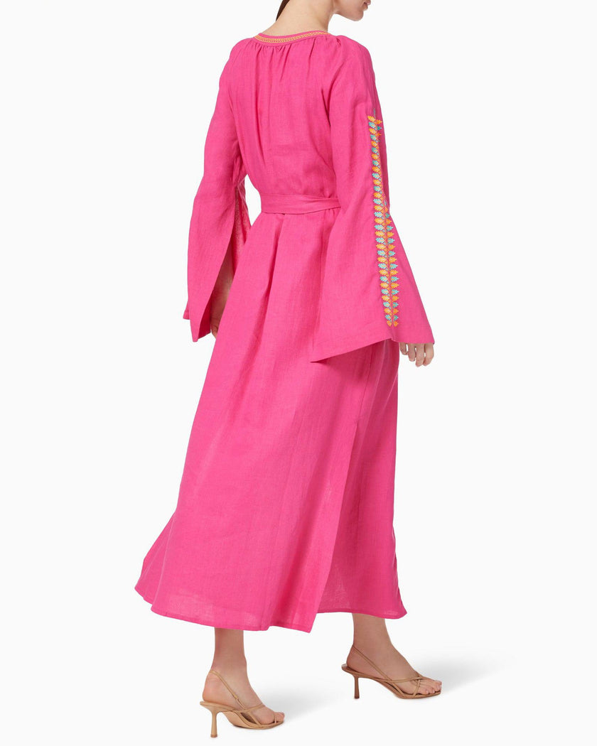 Fuchsia Multi-Color Floral Embroidered Linen Kaftan Maxi Dress