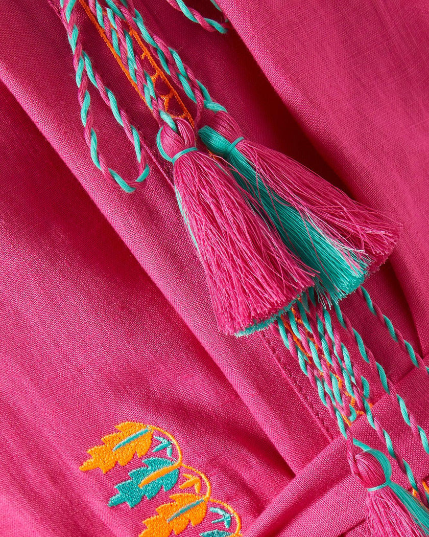Fuchsia Multi-Color Floral Embroidered Linen Kaftan Maxi Dress