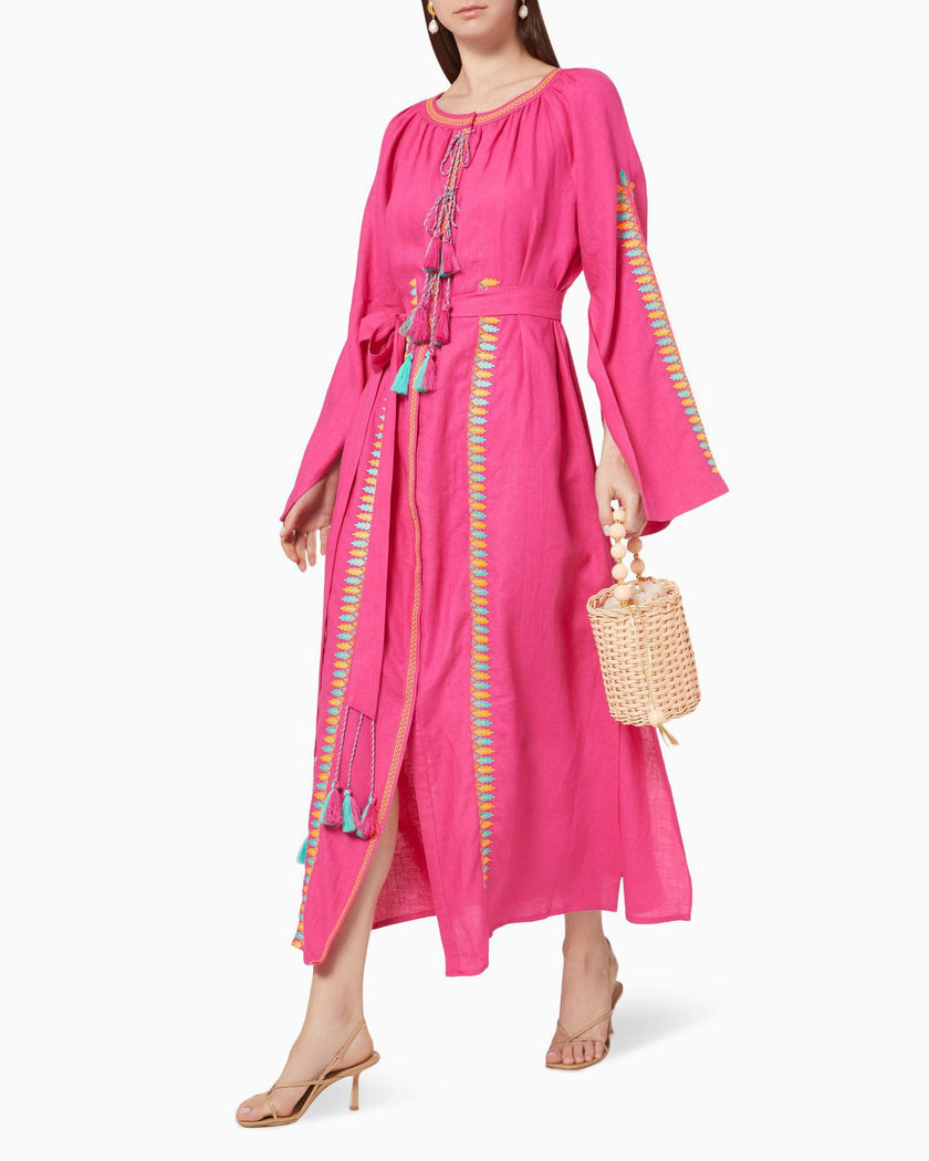 Fuchsia Embroidered Linen Maxi Dress | ZALXNDRA