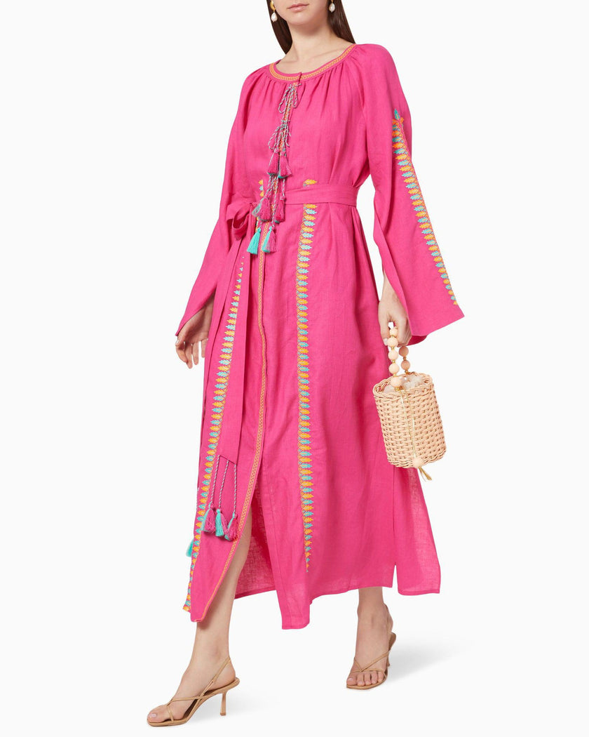 Fuchsia Multi-Color Floral Embroidered Linen Kaftan Maxi Dress