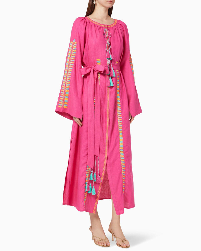Fuchsia Multi-Color Floral Embroidered Linen Kaftan Maxi Dress