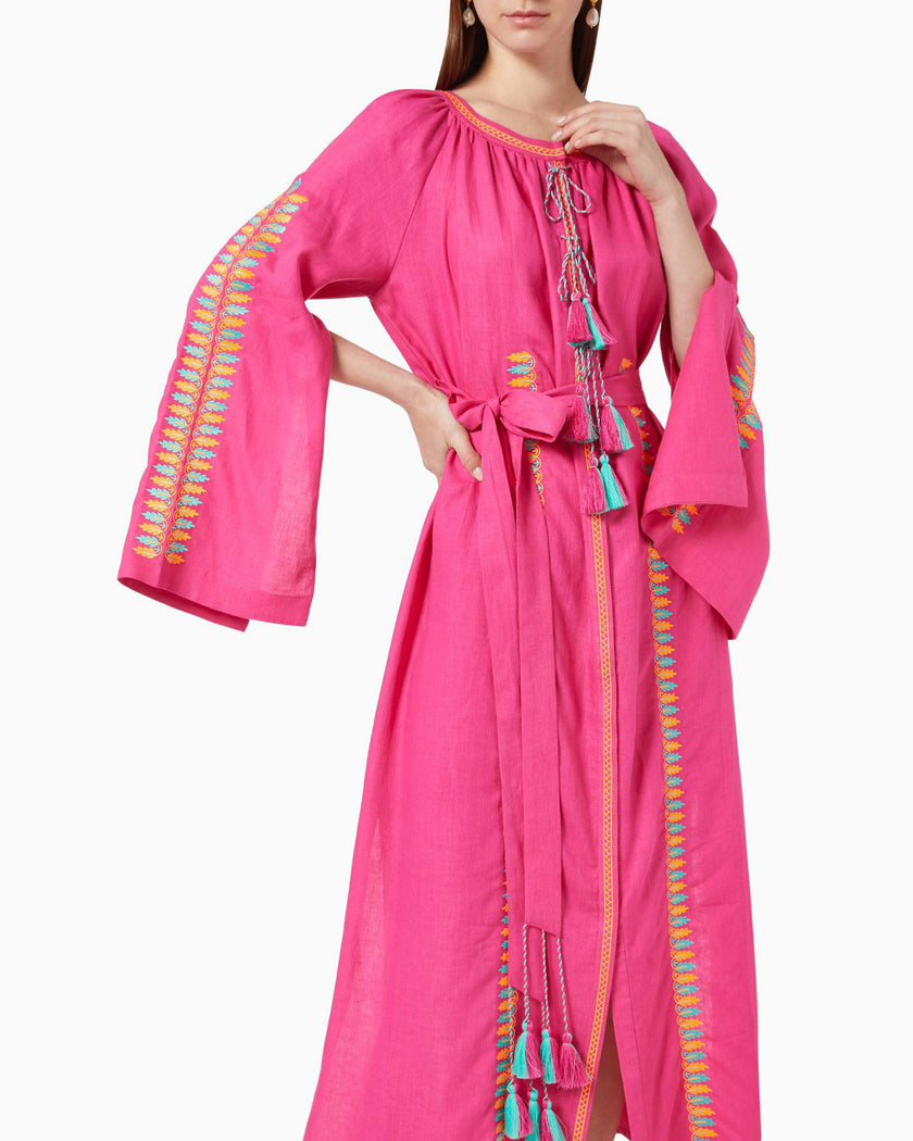 Fuchsia Multi-Color Floral Embroidered Linen Kaftan Maxi Dress