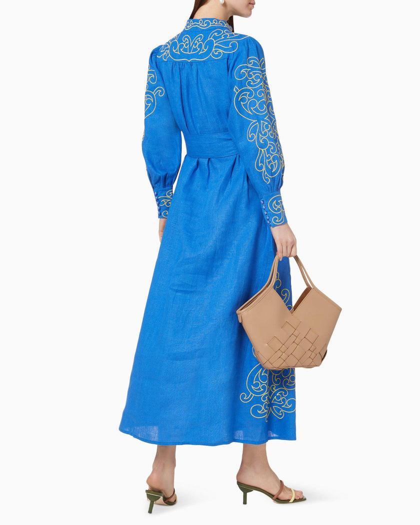 Royal Blue Embroidered Linen Maxi Dress | ZALXNDRA