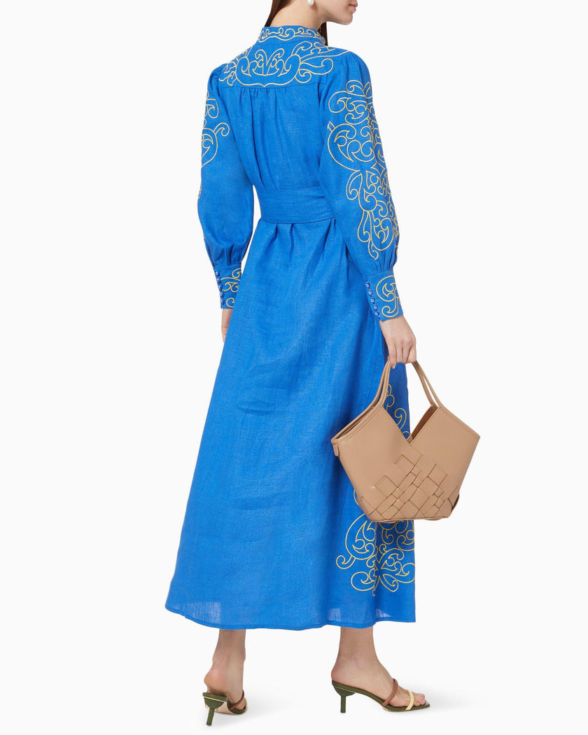 Royal Blue and Yellow Embroidered Linen Maxi Dress with Stand Collar