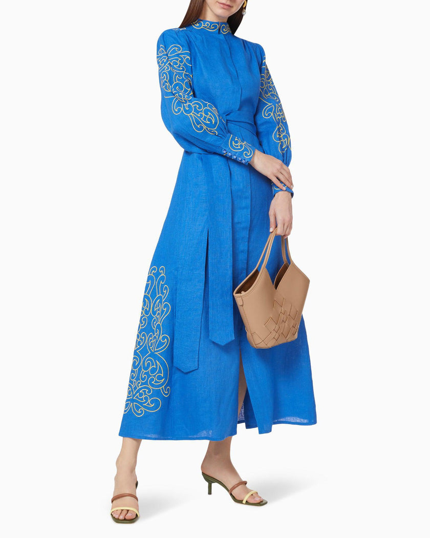 Royal Blue Embroidered Linen Maxi Dress | ZALXNDRA