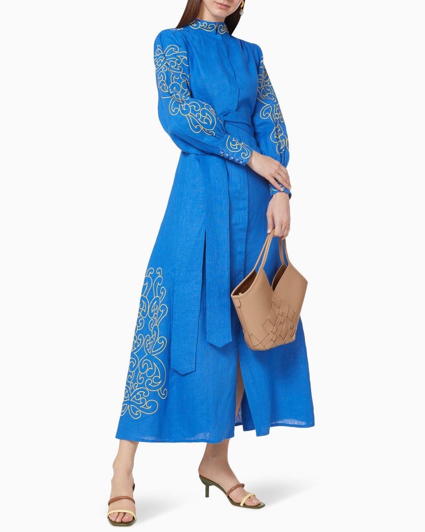 Royal Blue and Yellow Embroidered Linen Maxi Dress with Stand Collar
