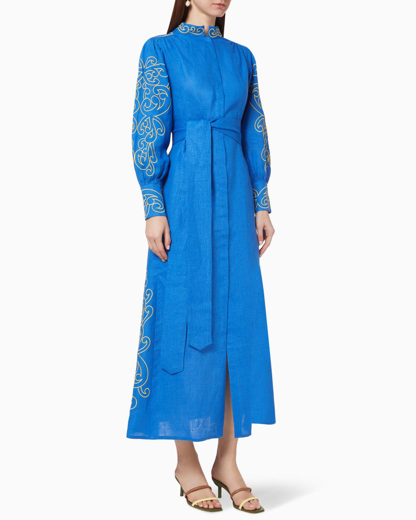 Royal Blue and Yellow Embroidered Linen Maxi Dress with Stand Collar
