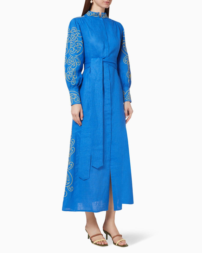Royal Blue Embroidered Linen Maxi Dress | ZALXNDRA