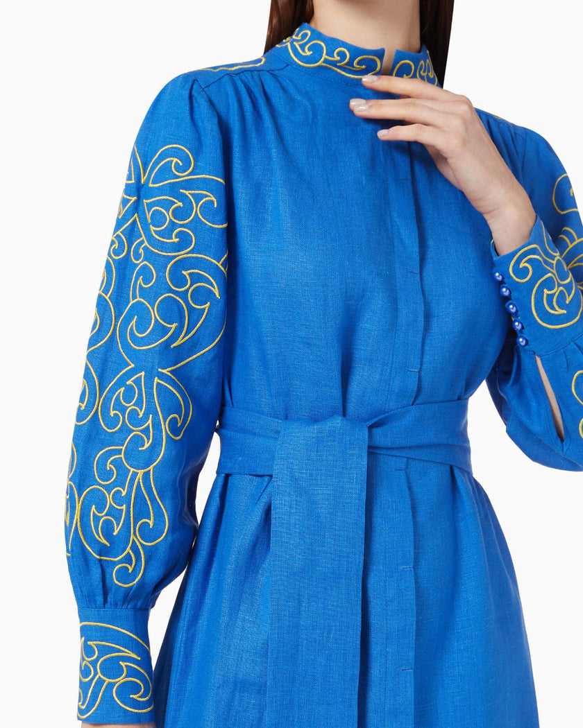 Royal Blue and Yellow Embroidered Linen Maxi Dress with Stand Collar