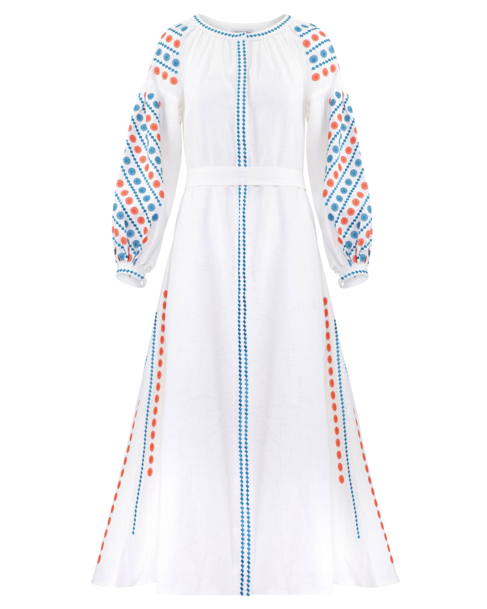 White Embroidered Linen Maxi Dress – Balloon Sleeves || ZALXNDRA