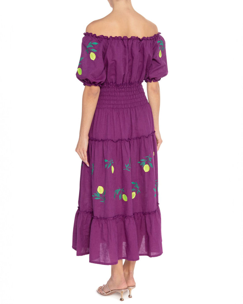 Plum Purple Lemon Embroidered Linen Off-Shoulder Midi Dress