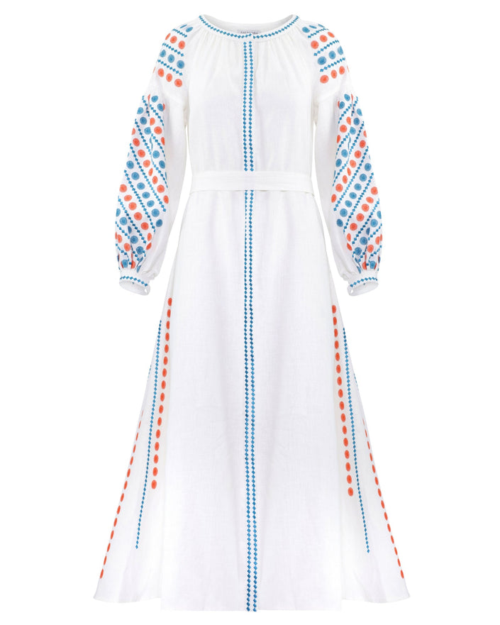 Weißes besticktes Maxikleid aus Leinen – Ballonärmel | ZALXNDRA