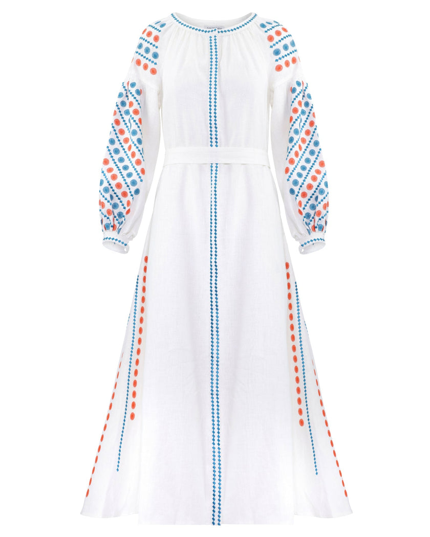 White Embroidered Linen Maxi Dress – Balloon Sleeves | ZALXNDRA