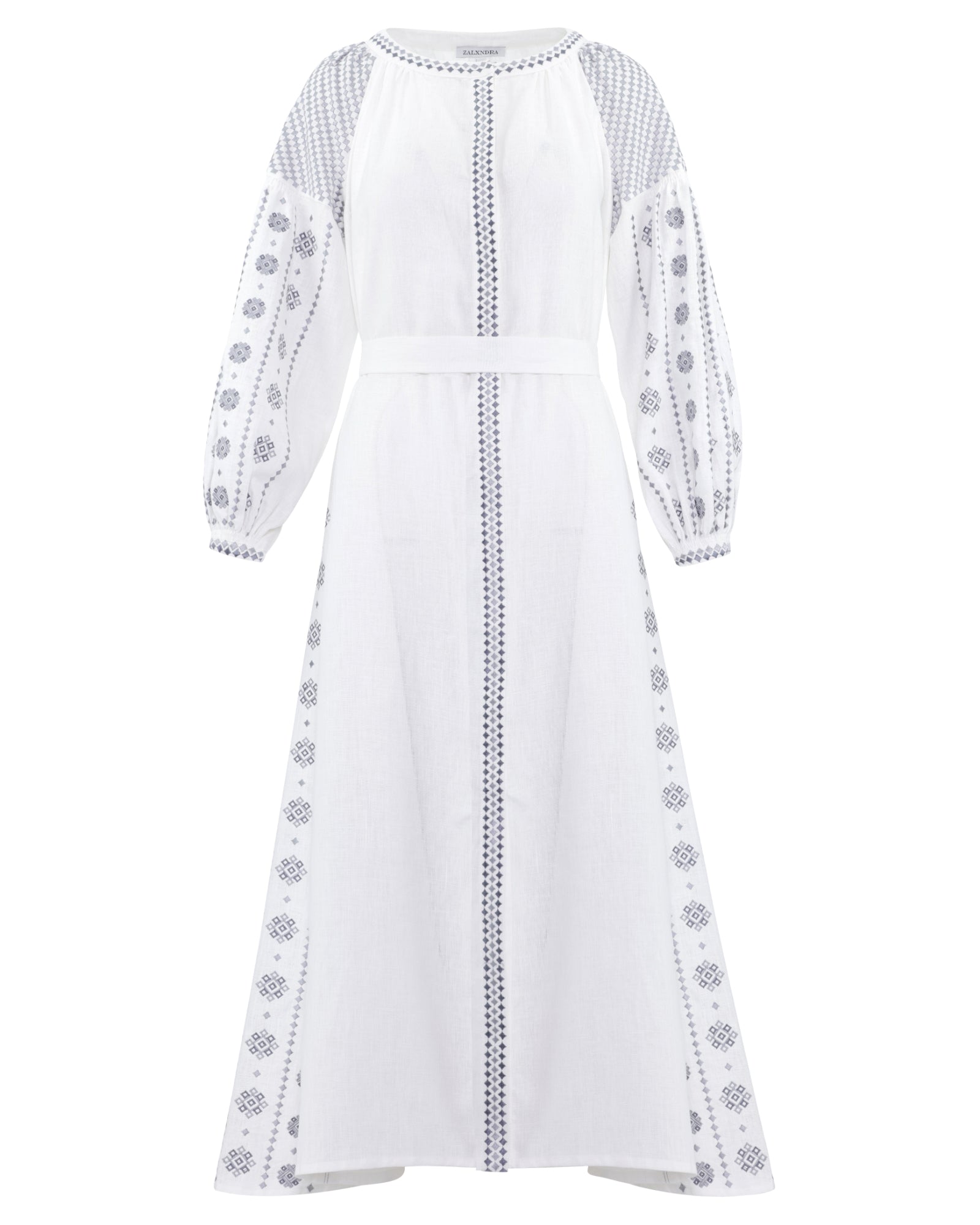White Embroidered Linen Maxi Dress – Balloon Sleeves || ZALXNDRA