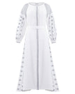 Robe longue blanche en lin brodé – Manches ballon | ZALXNDRA