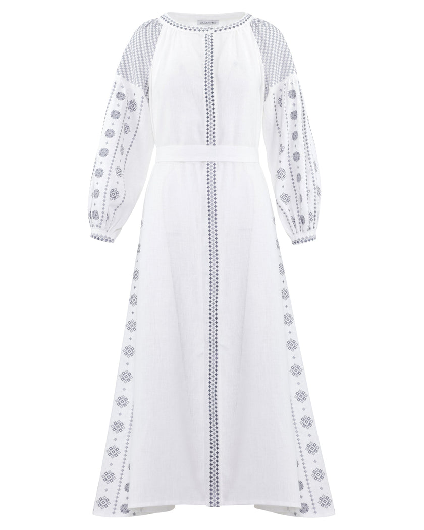 White Embroidered Linen Maxi Dress – Balloon Sleeves | ZALXNDRA