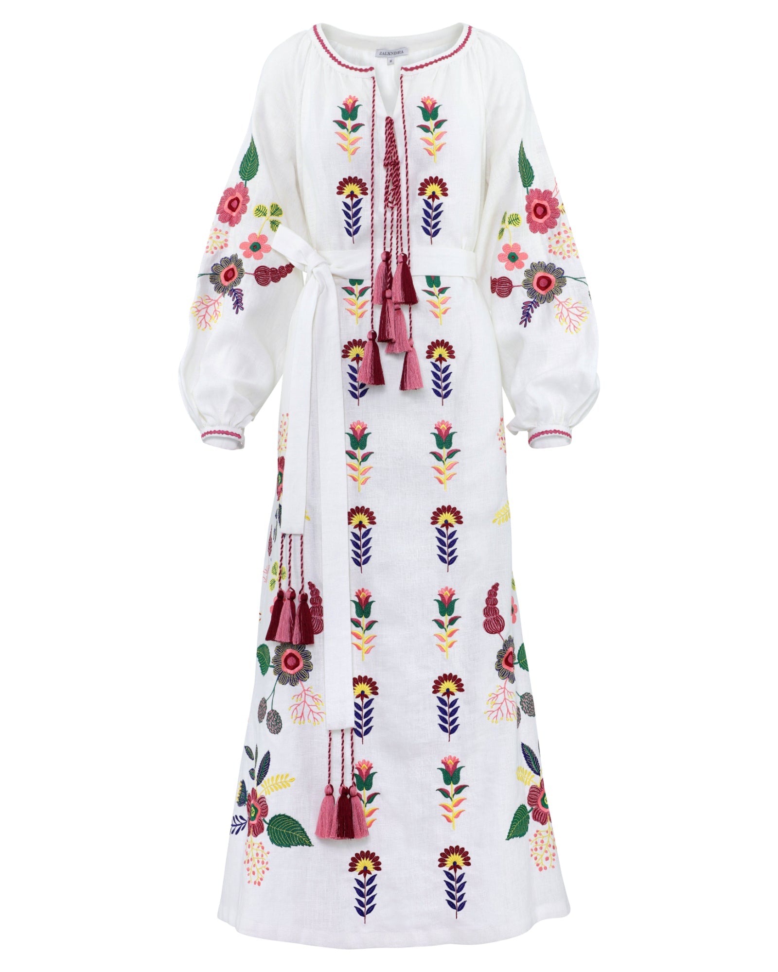 White Embroidered Linen Maxi Dress – Balloon Sleeves || ZALXNDRA