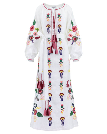 White Embroidered Linen Maxi Dress – Balloon Sleeves | ZALXNDRA