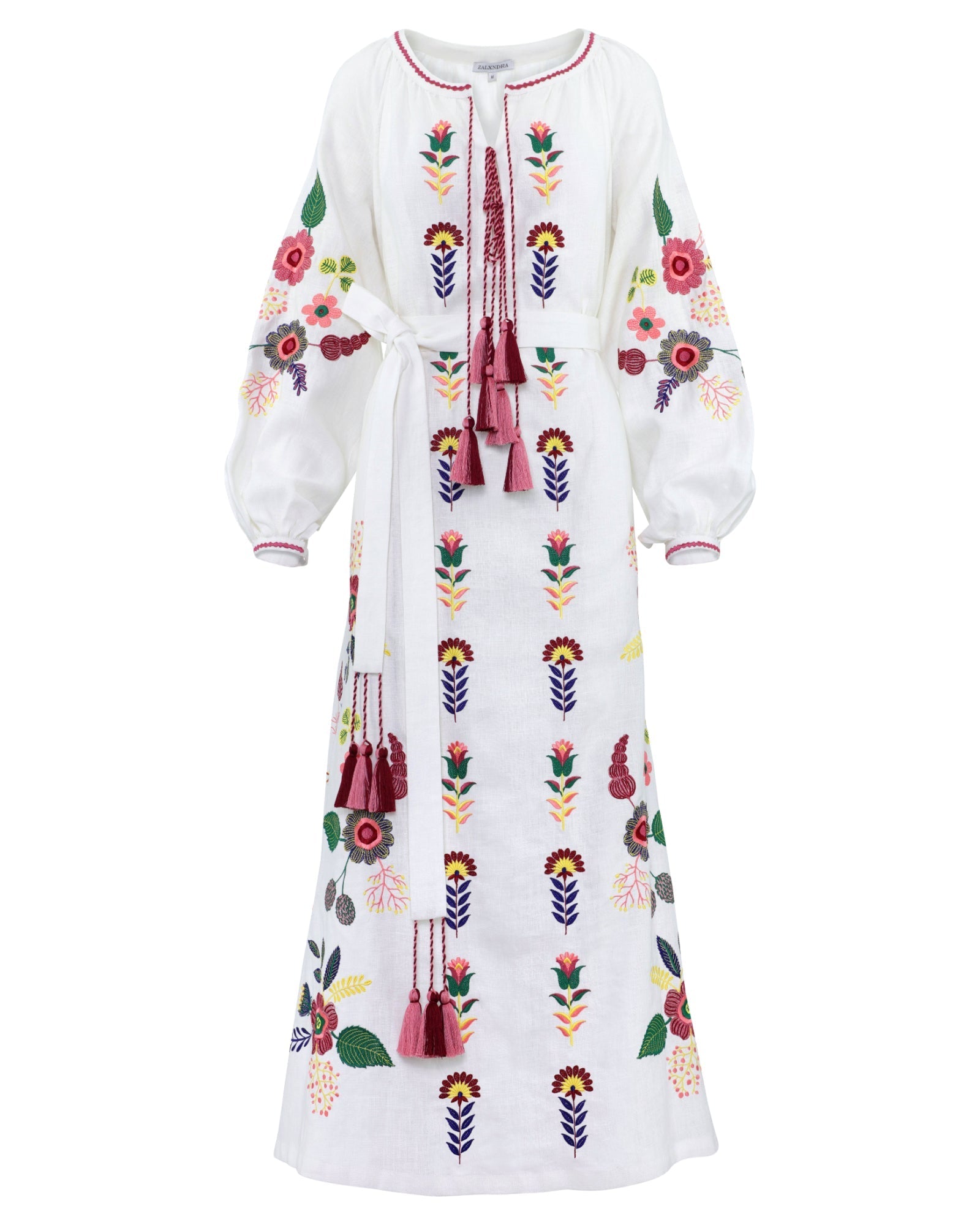 White Embroidered Linen Maxi Dress – Balloon Sleeves | ZALXNDRA