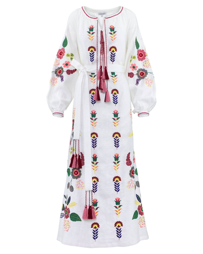 White Embroidered Linen Maxi Dress – Balloon Sleeves || ZALXNDRA