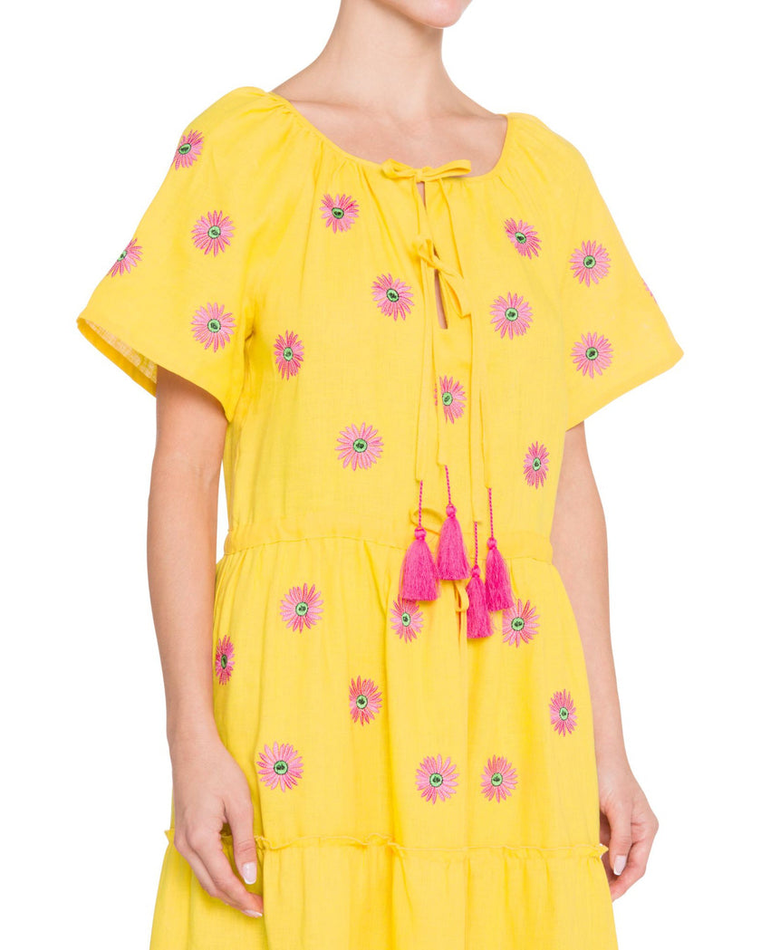 Saffron Yellow and Pink Daisy Embroidered Linen Maxi Dress with Flutter Sleeves