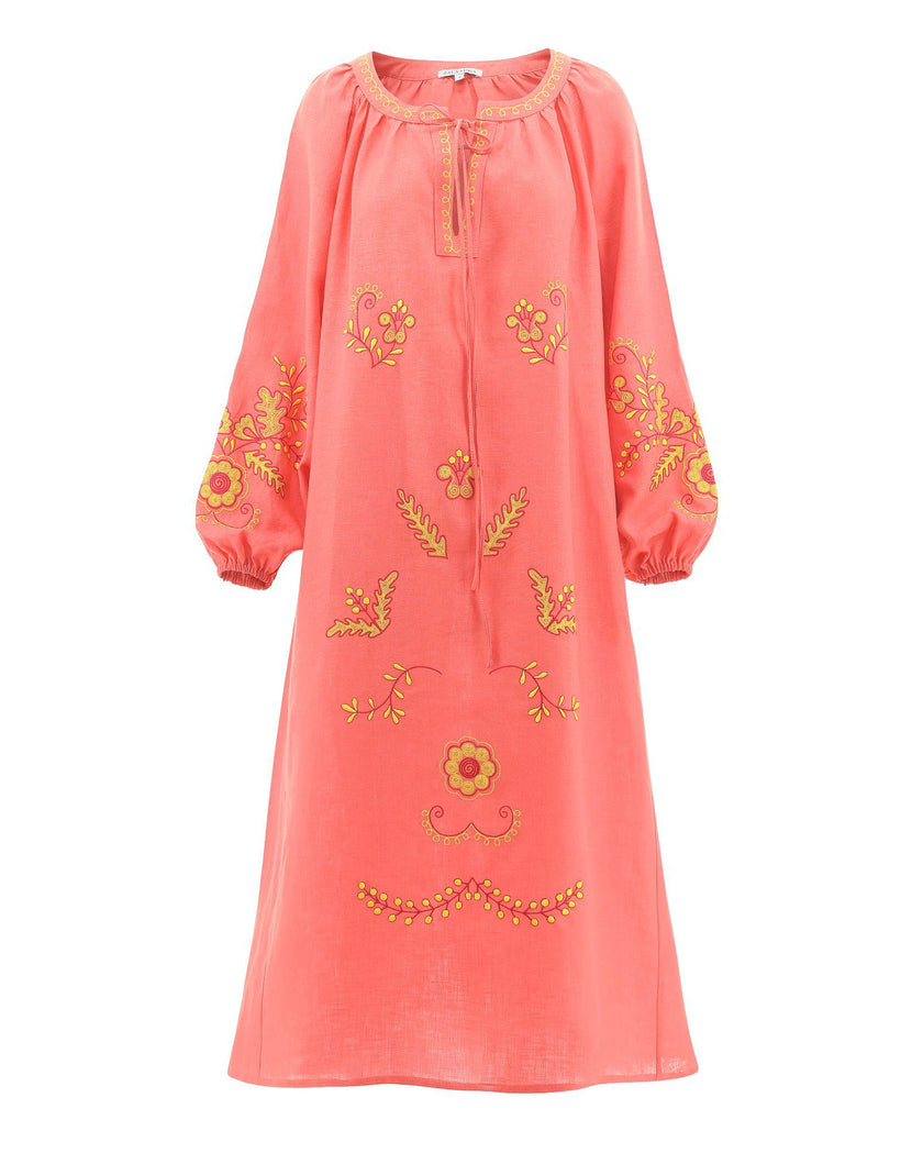 Coral and Yellow Floral Embroidered Linen Kaftan Maxi Dress with Balloon Sleeves