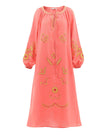 Coral Embroidered Linen Maxi Dress – Balloon Sleeves | ZALXNDRA