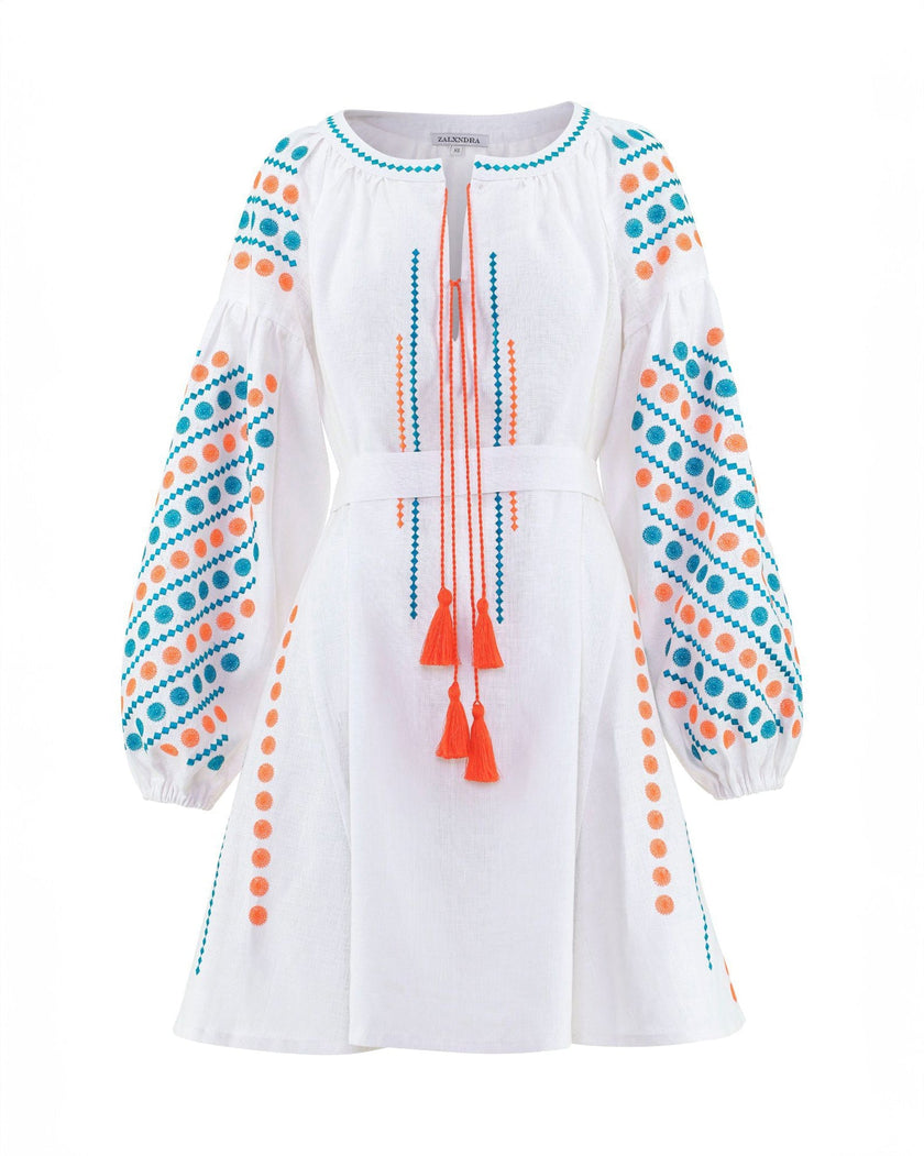White Embroidered Linen Mini Dress – Balloon Sleeves | ZALXNDRA
