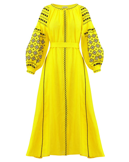 Zitronengelbes besticktes Maxikleid aus Leinen – Ballonärmel