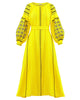 Robe longue en lin brodé jaune citron – Manches ballon