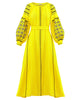 Lemon Yellow Embroidered Linen Maxi Dress – Balloon Sleeves