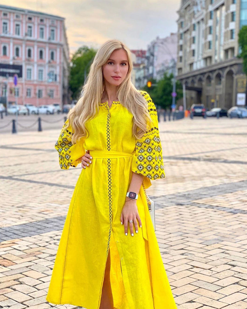 Lemon Yellow Embroidered Linen Maxi Dress – Balloon Sleeves