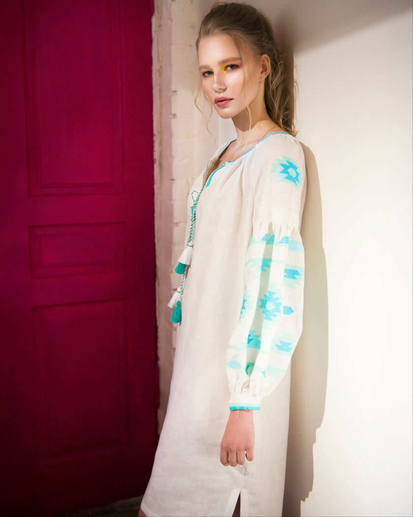 White Turquoise Geometric Embroidered Linen Kaftan Midi Dress