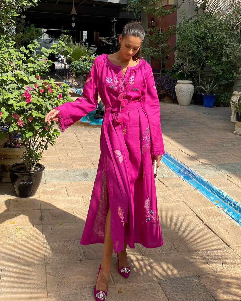 Deep Fuchsia Embroidered Linen Maxi Dress | ZALXNDRA