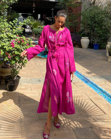 Deep Fuchsia Embroidered Linen Maxi Dress | ZALXNDRA