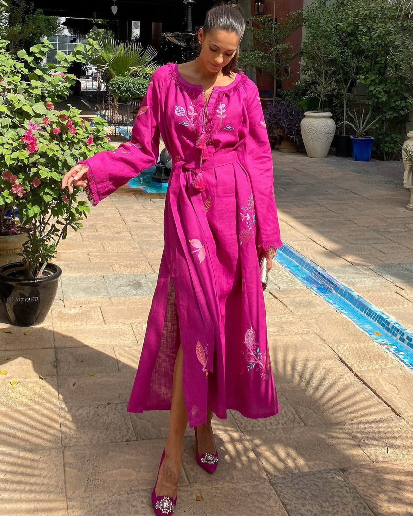 Deep Fuchsia Floral Embroidered Linen Kaftan Maxi Dress