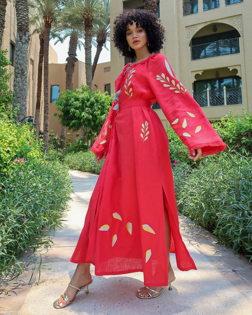 Scarlet Red Embroidered Linen Maxi Dress | ZALXNDRA