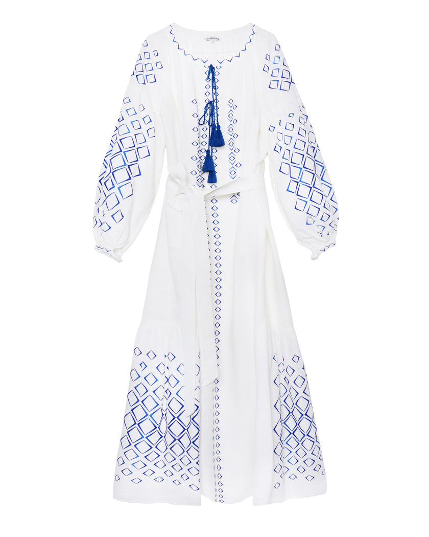 White Embroidered Linen Maxi Dress | ZALXNDRA