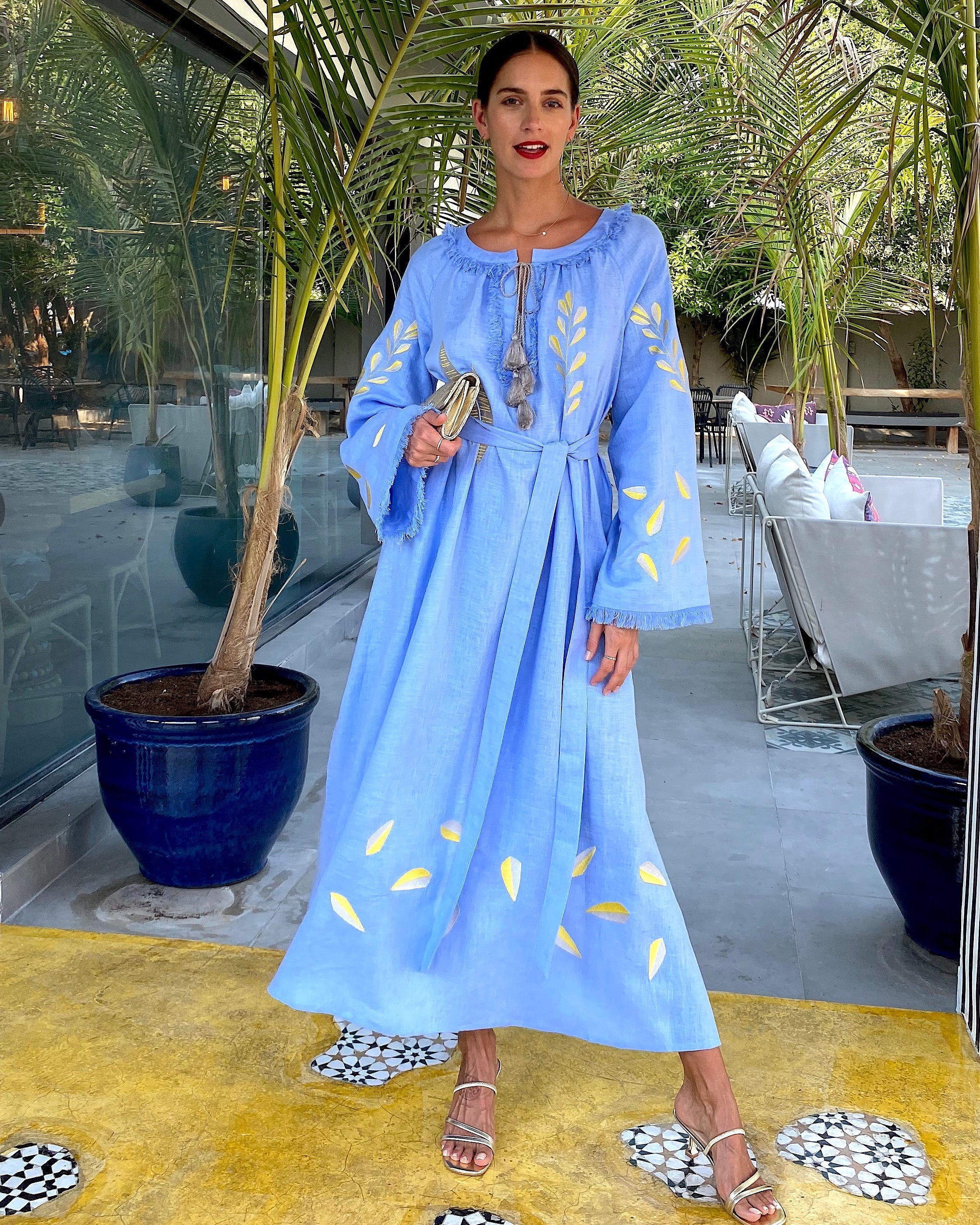 Powder Blue Embroidered Linen Maxi Dress | ZALXNDRA