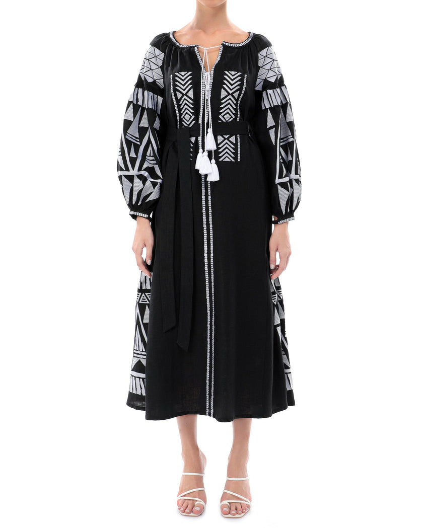 Black Embroidered Linen Maxi Dress – Balloon Sleeves | ZALXNDRA