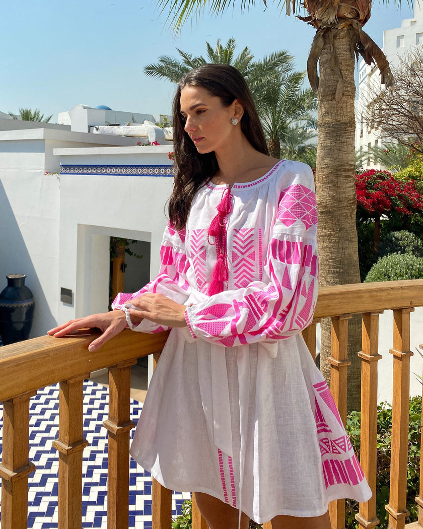 White Embroidered Linen Mini Dress – Balloon Sleeves | ZALXNDRA