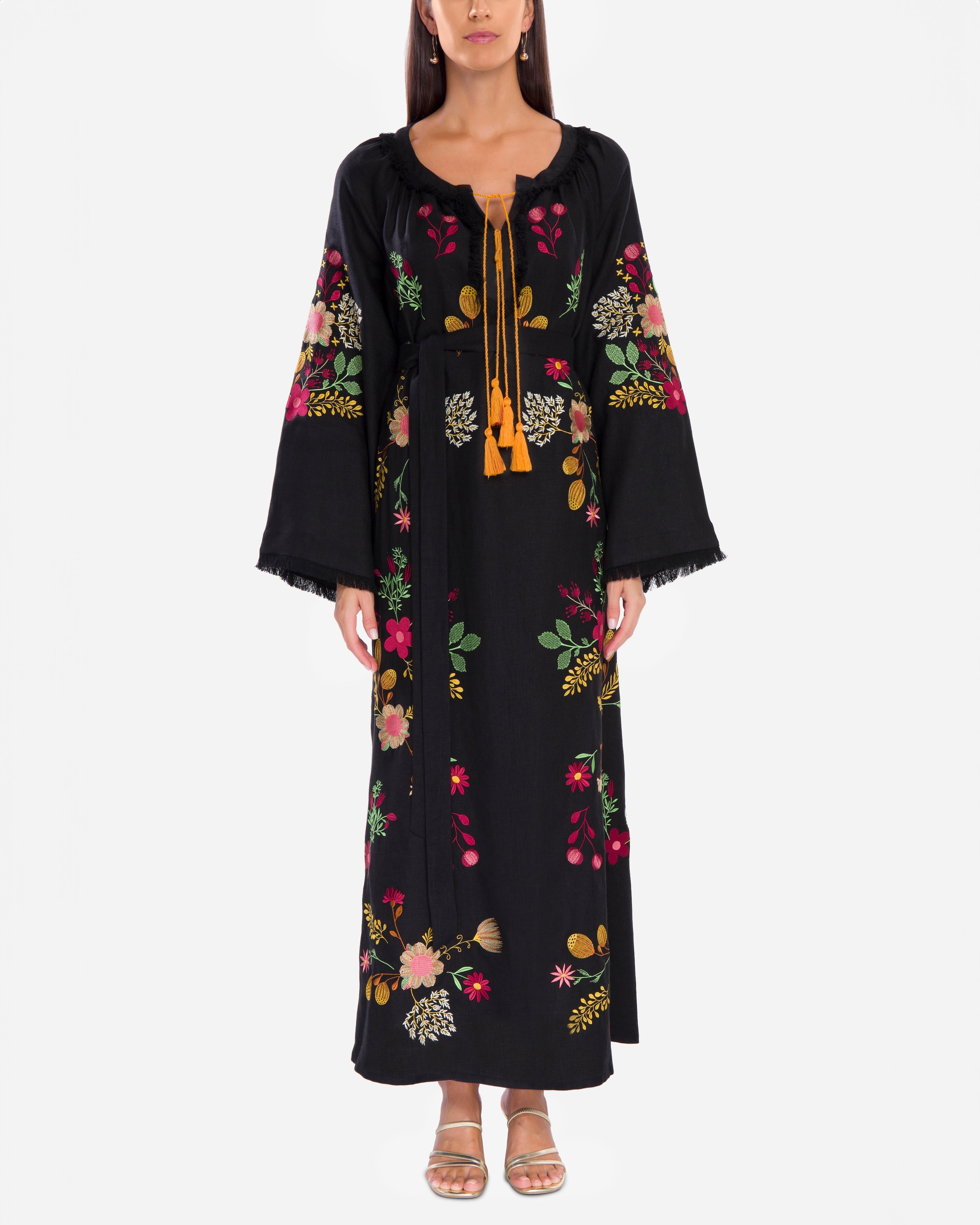 Black Embroidered Linen Maxi Dress || ZALXNDRA