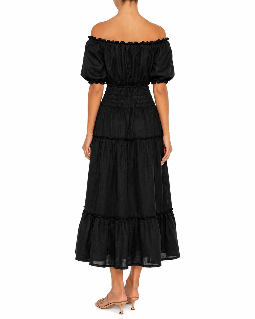 Black Linen Off-Shoulder Midi Dress