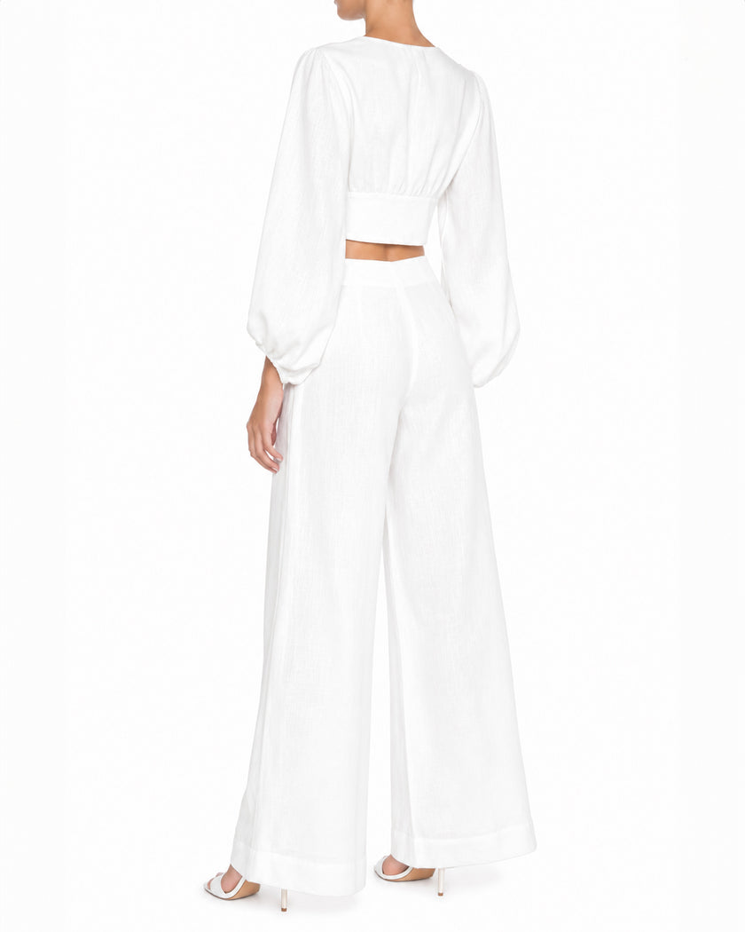 White Linen V-Neck Crop Top and Palazzo Pants Co-ord Set