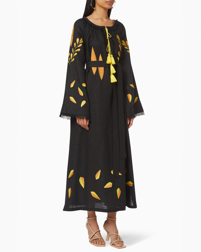 Black Embroidered Linen Maxi Dress || ZALXNDRA