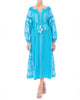 Robe longue en lin brodé turquoise – Manches ballon