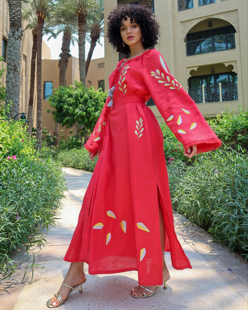 Scarlet Red Yellow Silver Floral Embroidered Linen Kaftan Maxi Dress