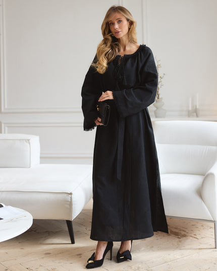 Black Embroidered Linen Maxi Dress | ZALXNDRA