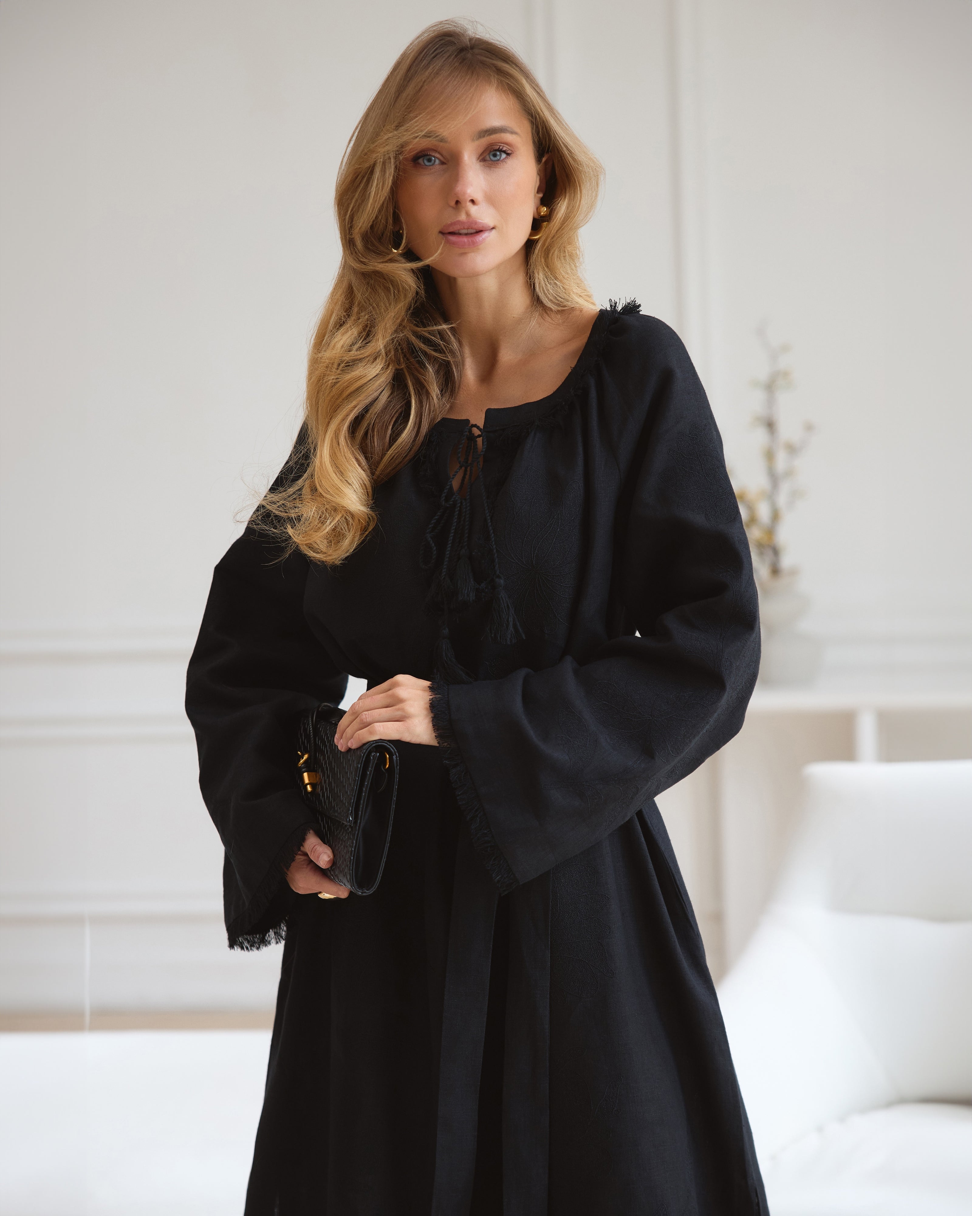 Black Embroidered Linen Maxi Dress | ZALXNDRA