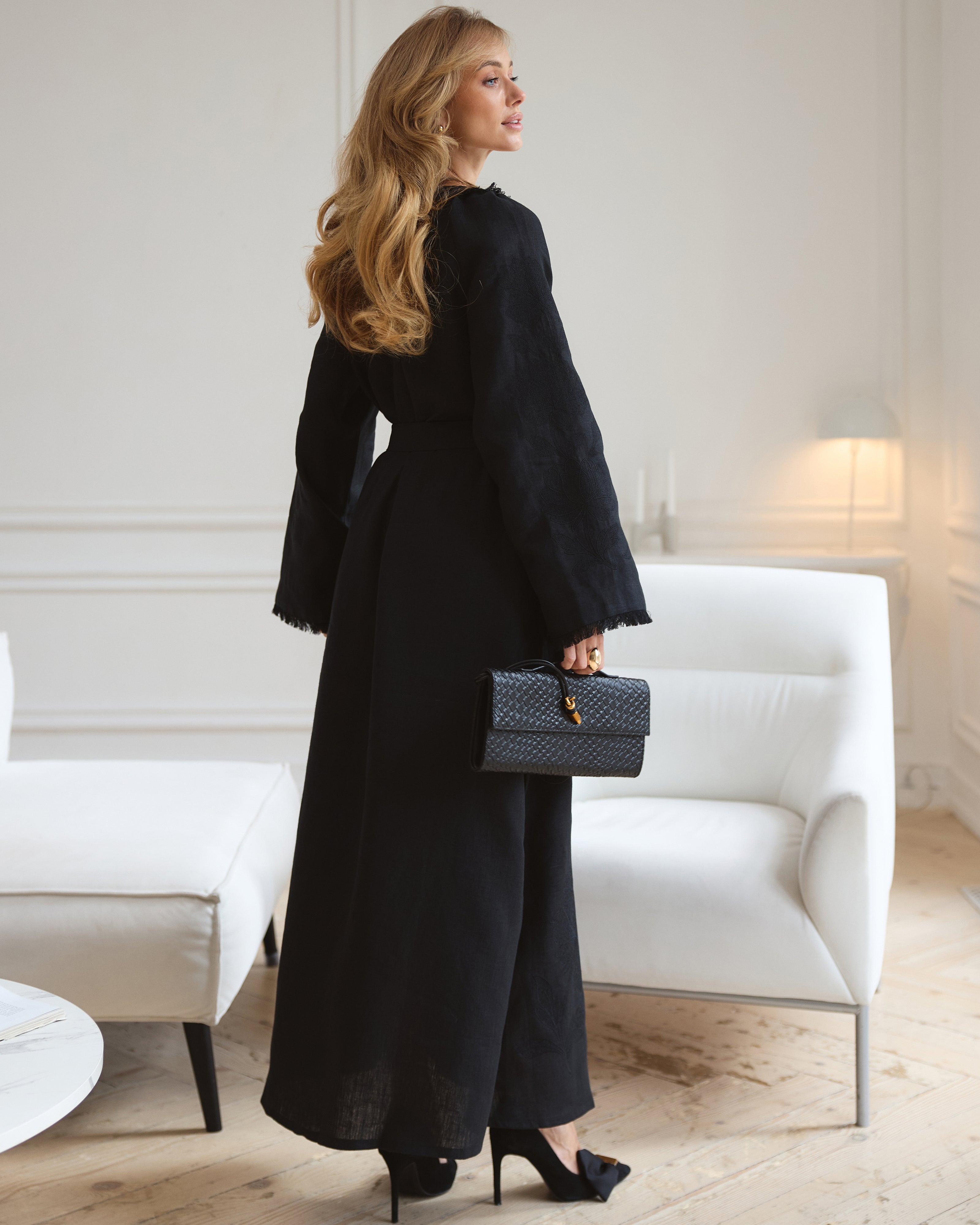 Black Embroidered Linen Maxi Dress | ZALXNDRA